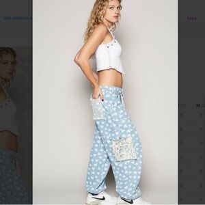 POL Blue Heart Patterned Pants with Lace Pockets joggers